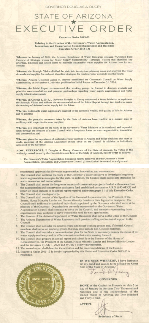 Executive order creating the Governor's Water Augmentation, Innovation, and Conservation Council
