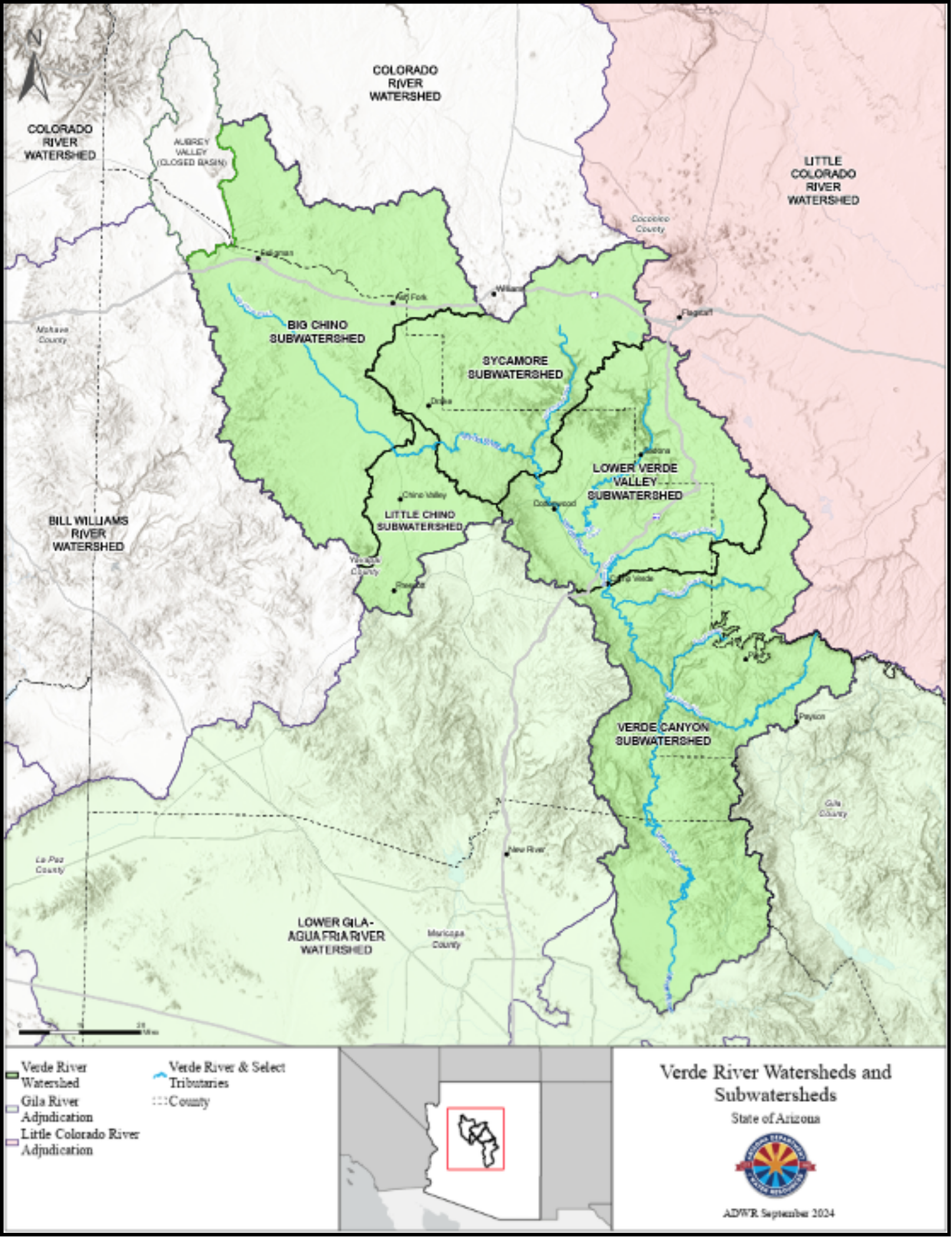 Map of the Verde River watershed and subwatersheds