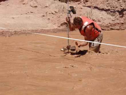 USGS employee measuring and recording the amount of water flowing in a river.
