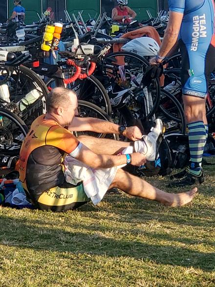 Paul Ivanich gearing up for the 56-mile bike course.