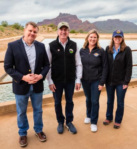 ADWR Deputy Director Clint Chandler, U.S. Secretary of the Interior Doug Burgum, ADWR Colorado River Programs Manager Kristen Johnson, and Assistant Secretary for Water and Science Andrea Travnicek 