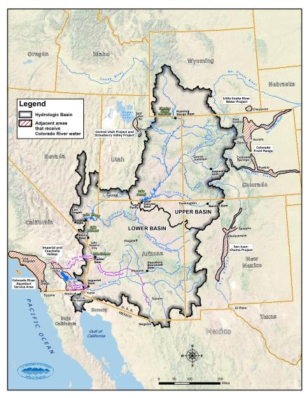 The Colorado River shown in relation to the Upper Basin and Lower Basin states