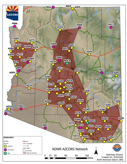 Map of AZCORS Network, SItes, and Network Solutions